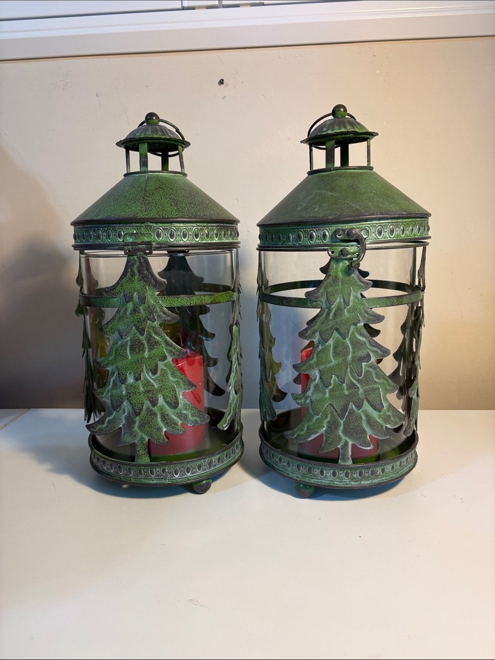 Green Metal Pine Tree Lantern Pair - Home Accents